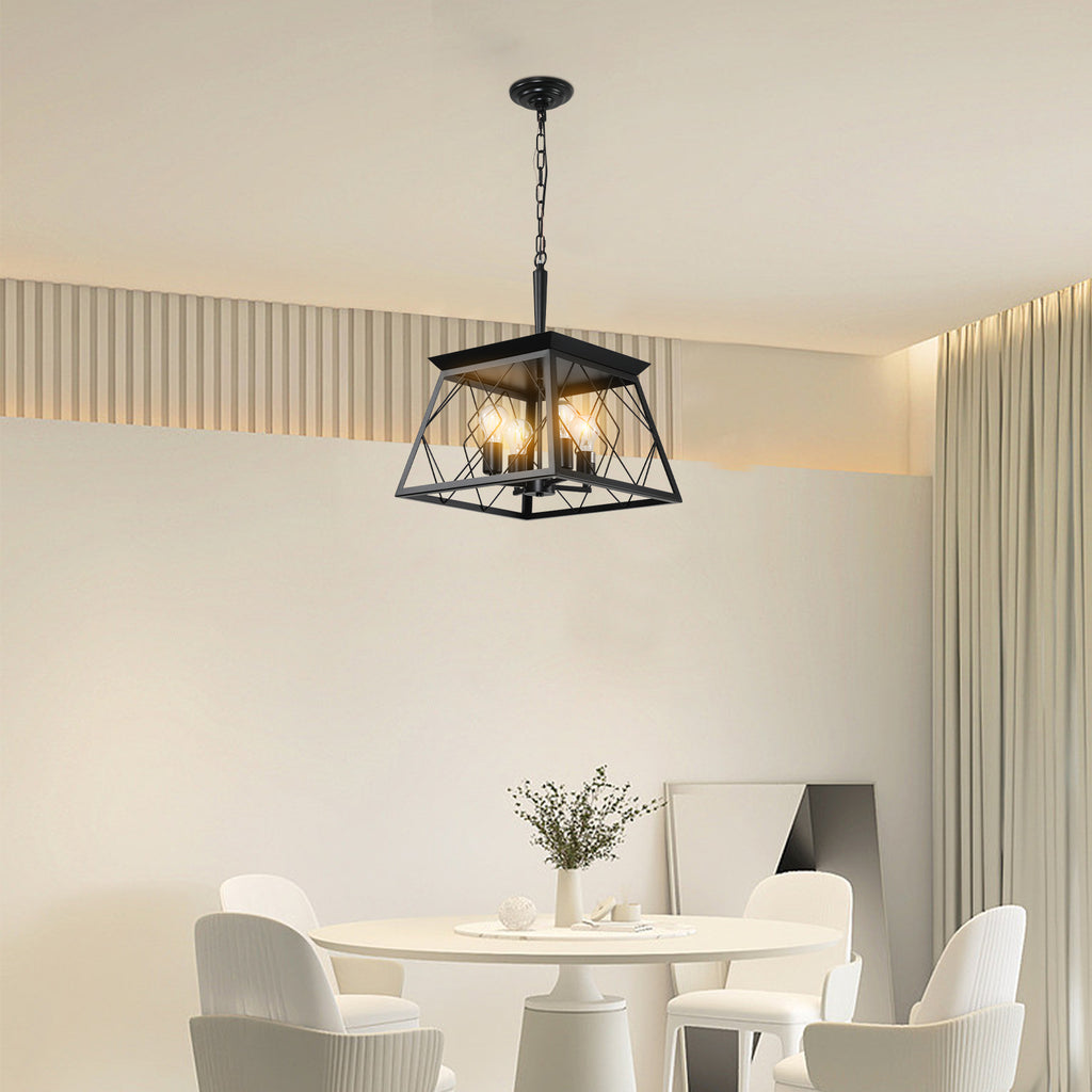 16" Black Industrial 4-Light Pendant Chandelier, Modern Metal Cage Design, Adjustable Hanging Light for Dining Room, Kitchen, Living Room (No Bulbs)