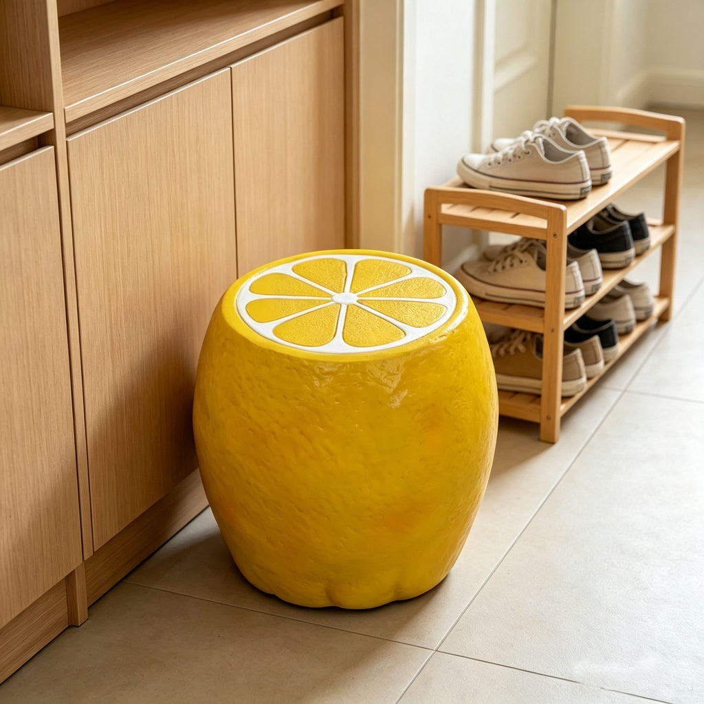 Yellow Lemon Fruit Stool, 14"Oversized Resin Stool, Side Table, Home Decor Plant Stand Garden Indoor Outdoor Decorations, Multi-Purpose Innovative Garden Furniture