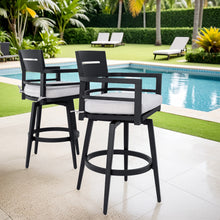 Load image into Gallery viewer, Modern Outdoor 2-Piece Swivel Bar Chairs – Aluminum Frame with Ember Black, 360° Swivel, Ergonomic Backrest &amp; Armrests, Tapered Legs, Sunbrella Cushion, Weather-Resistant &amp; Durable Patio Bar Stool