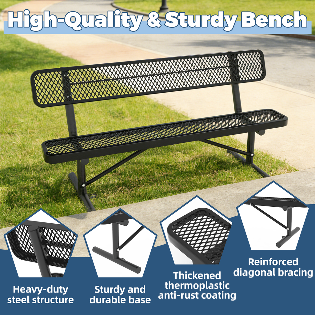 4FT Heavy-Duty Outdoor Metal Park Bench with Backrest, All-Weather Steel Portable Seating, Rust-Proof Commercial Bench for Garden, Patio, Yard, Deck, Parks & Shopping Malls