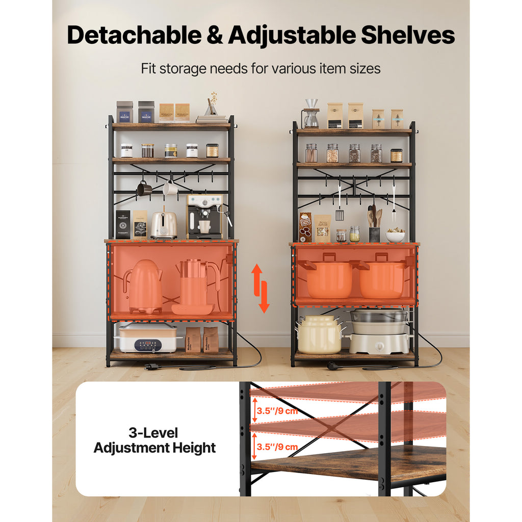 Kitchen Bakers Rack, 5 ft Power Cable Bakers Rack with Power Outlet, Kitchen Stand with X-Shaped Support Bar, 12 S-Shaped Hooks, Coffee Bar Stand for Dishes, Spice Bottles, Built-In Power Strip