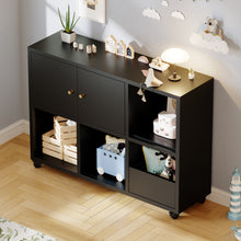 Load image into Gallery viewer, Rolling Toy Storage Cabinet on Wheels - Black Iron Playroom Organizer with Open Cubbies and Closed Cabinets, Sturdy Metal Storage Furniture for Bedroom &amp; Home