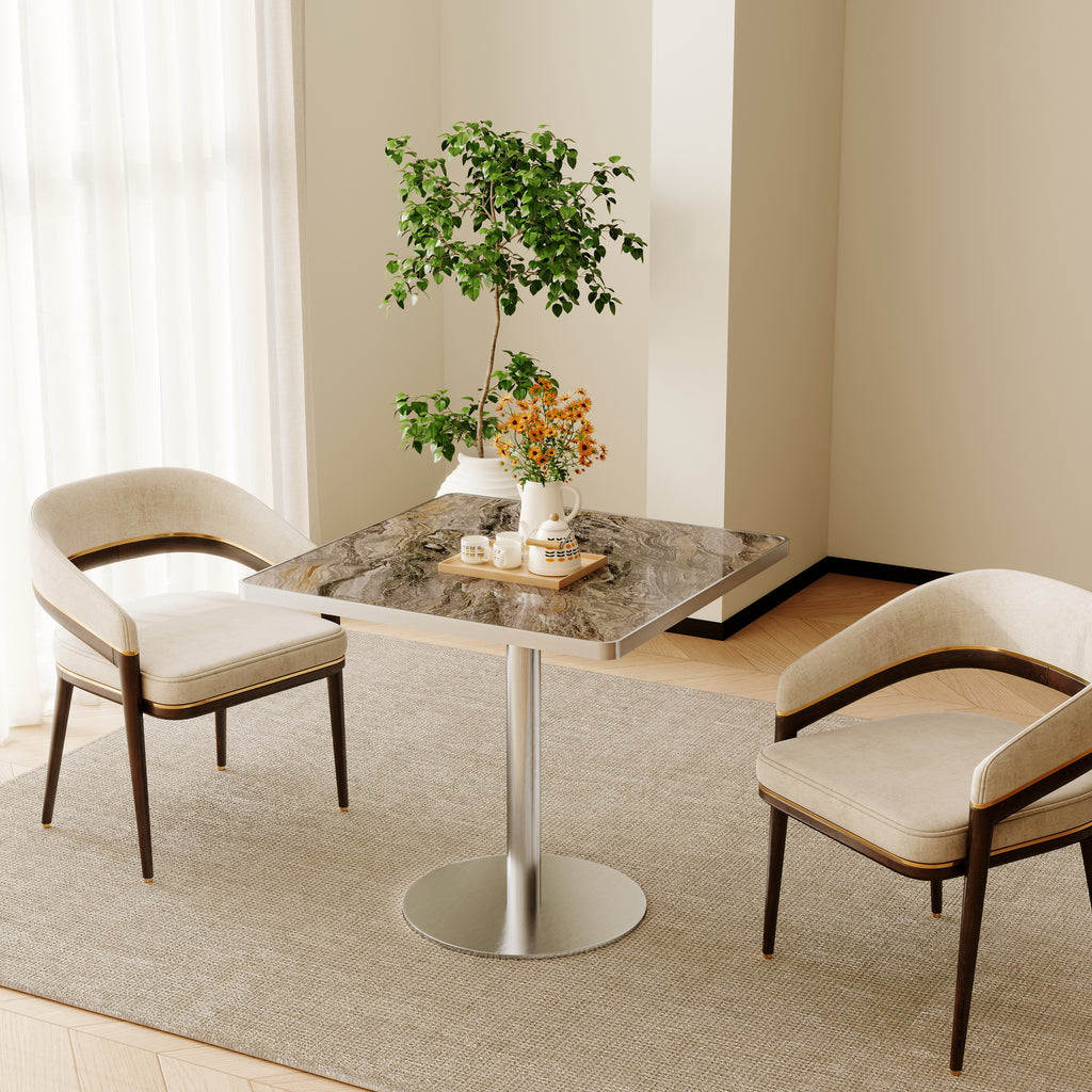 31.5" Round Modern Tulip Dining Table, Sintered Stone Tabletop with Luxury Faux Marble Print, Stainless Steel Bracket Base, Scratch & Wear Resistant, Waterproof Surface, Ideal for Indoor & Outdoor Use