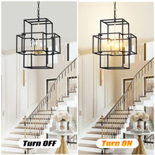 Load image into Gallery viewer, 4-Light Metal Lantern Tiered Pendant Hanging Light Fixtures, Industrial Farmhouse Adjustable Height  Chandeliers for Dining Room Hallway Foyer Entryway--Matte Black &amp; Gold (E12 Bulbs Not Included)