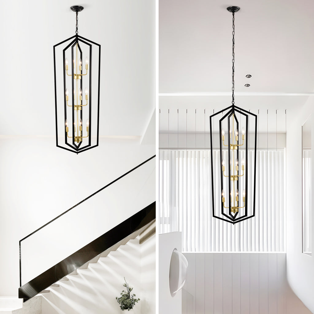 12-Light Lantern Tired Farmhouse Ceiling Hanging Light Black Chandelier Metal Modern Pendant Light Fixtures for Kitchen Island Dining Room Living Room Foyer Entryway(E12 Bulbs Not Included)