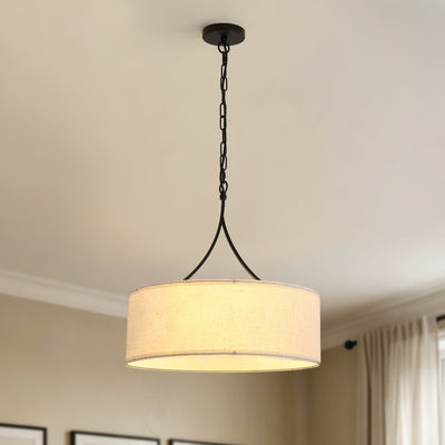 Modern 3-Light Fabric Pendant Light, Black Adjustable Drum Chandelier, Matte Black Fabric Shade Ceiling Light Fixture for Dining Room Living Room Bedroom