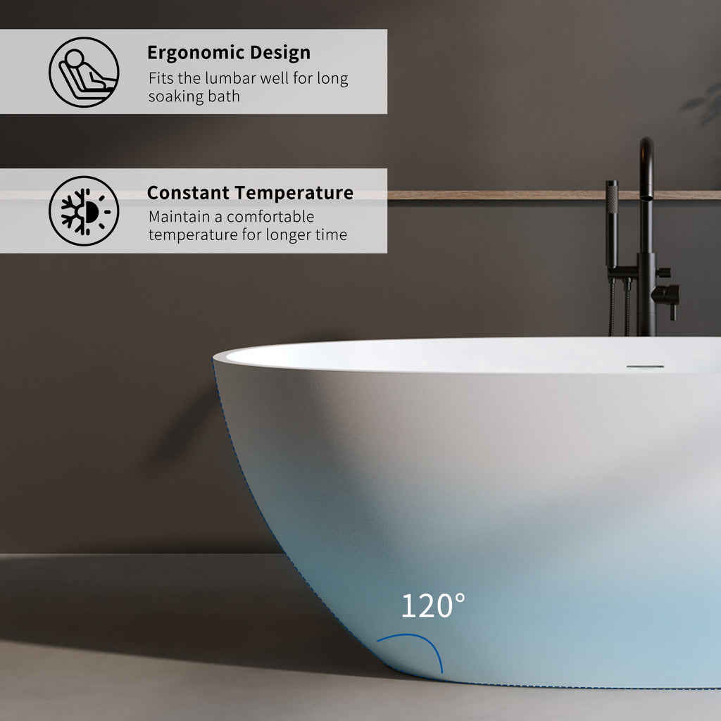 70.8″Solid Surface Matte Tub, Solid Surface Soaking Tub, Stone Resin Freestanding Bathtub, Thick Edge Stand Alone Tubs with Overflow, Pop-up Drain, Matte White (Oval)