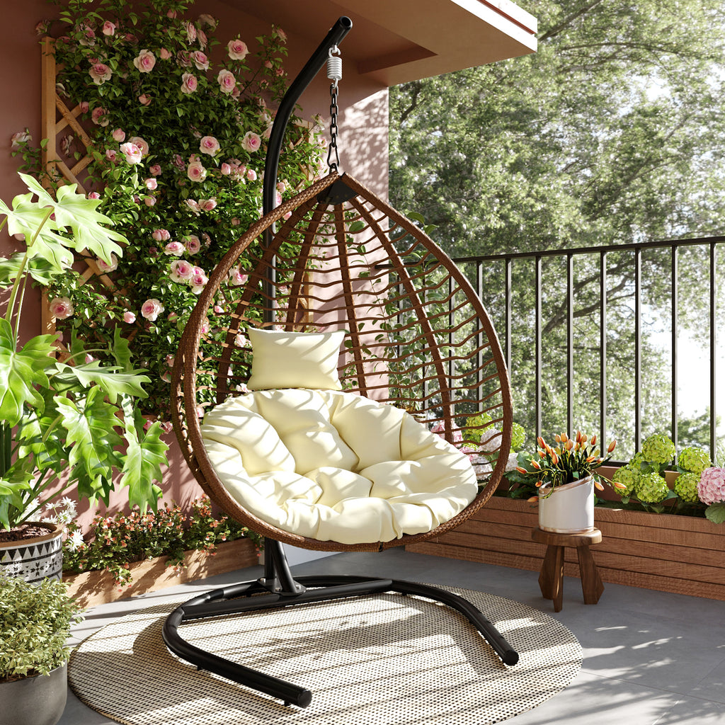 U_STYLE Indoor Outdoor Hanging Hammock Chair with Stand, Foldable Rattan Egg Swing Chair with Iron Frame and Plush Cushion & Removable Headrest,Suitable for Porch Garden,Balcony,Indoor