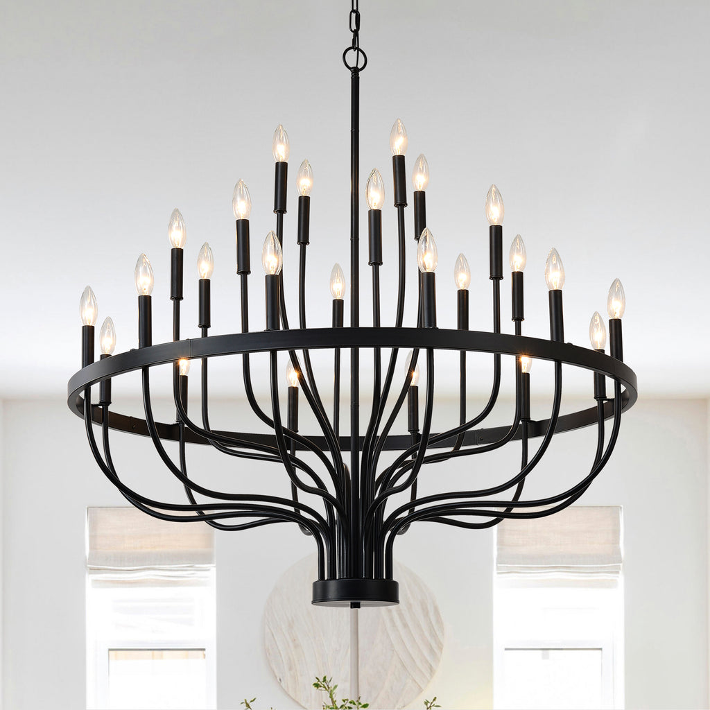 24-Light Black Chandelier Industrial Iron Candle Chandelier Modern Suspended Farmhouse Chandeliers Pendant Light Fixtures for Dining Room Bedroom Living Room Kitchen Island Foyer E12 Bulb (NO Include)