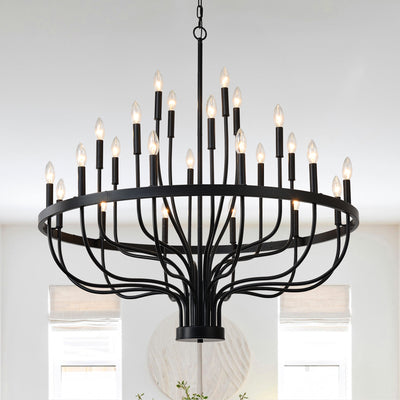 24-Light Black Chandelier Industrial Iron Candle Chandelier Modern Suspended Farmhouse Chandeliers Pendant Light Fixtures for Dining Room Bedroom Living Room Kitchen Island Foyer E12 Bulb (NO Include)