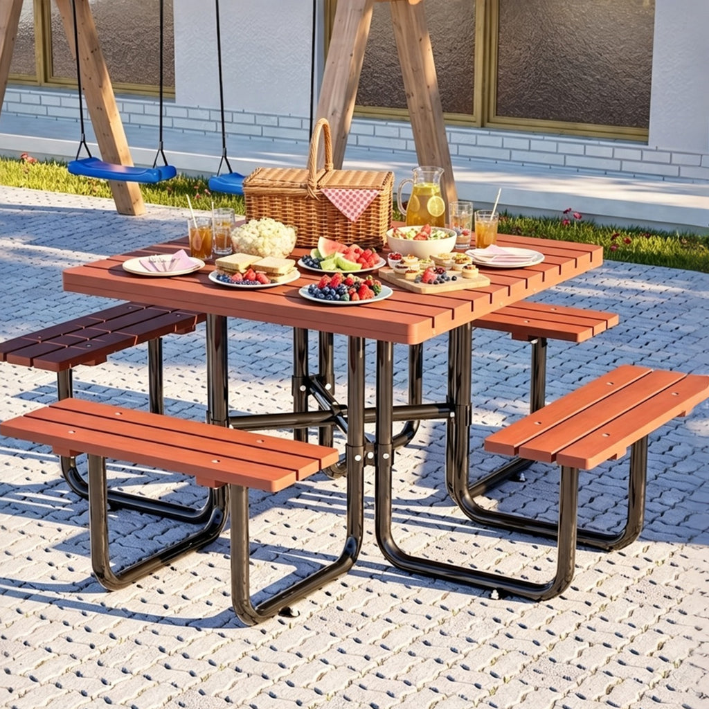8 Person Brown Wooden Picnic Table, Outdoor Camping Dining Table with 2 Seats, Garden, DIY with 2 Built-in Benches, 2220lb Capacity