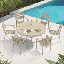 Load image into Gallery viewer, Outdoor Round Patio Dining Table for 6-7, All Weather Metal Dining Table with Umbrella Hole for Deck Lawn Garden Backyard, Sandstone Color