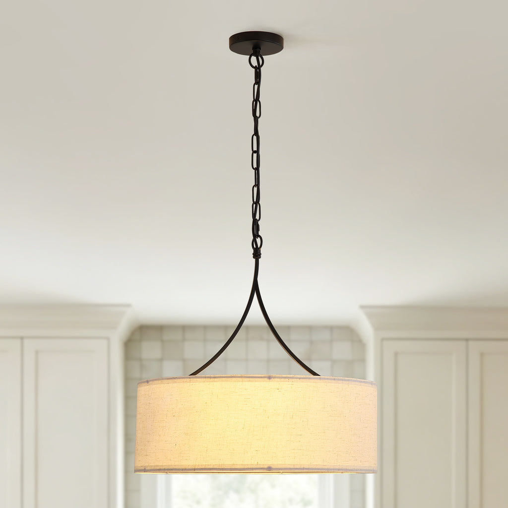 Modern 3-Light Fabric Pendant Light, Black Adjustable Drum Chandelier, Matte Black Fabric Shade Ceiling Light Fixture for Dining Room Living Room Bedroom