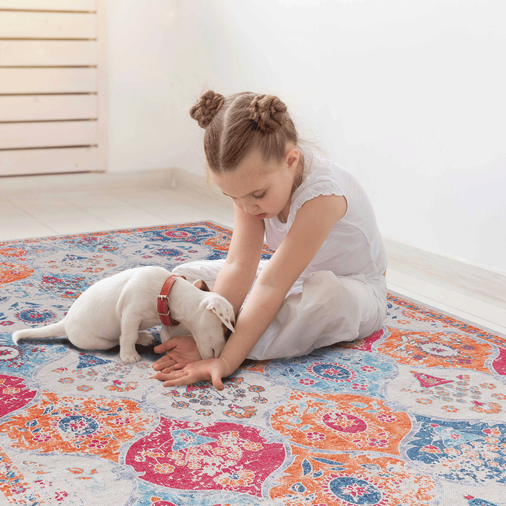 MAVAL Cream Washable Rug 5x8 Area Rug (Cream, 5' x 8') Modern, Contemporary, Non-Shedding & Easy to Clean, Ideal for Living Room, Bedroom, Dining Space, 96*60 inch