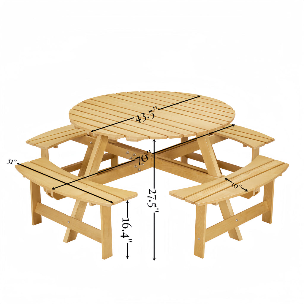 Outdoor 8 Person Picnic Table, 8 person Round Picnic Table with 4 Built-in Benches, Umbrella Hole, Outside Table and Bench Set for Garden, Backyard, Porch, Patio,  Natural