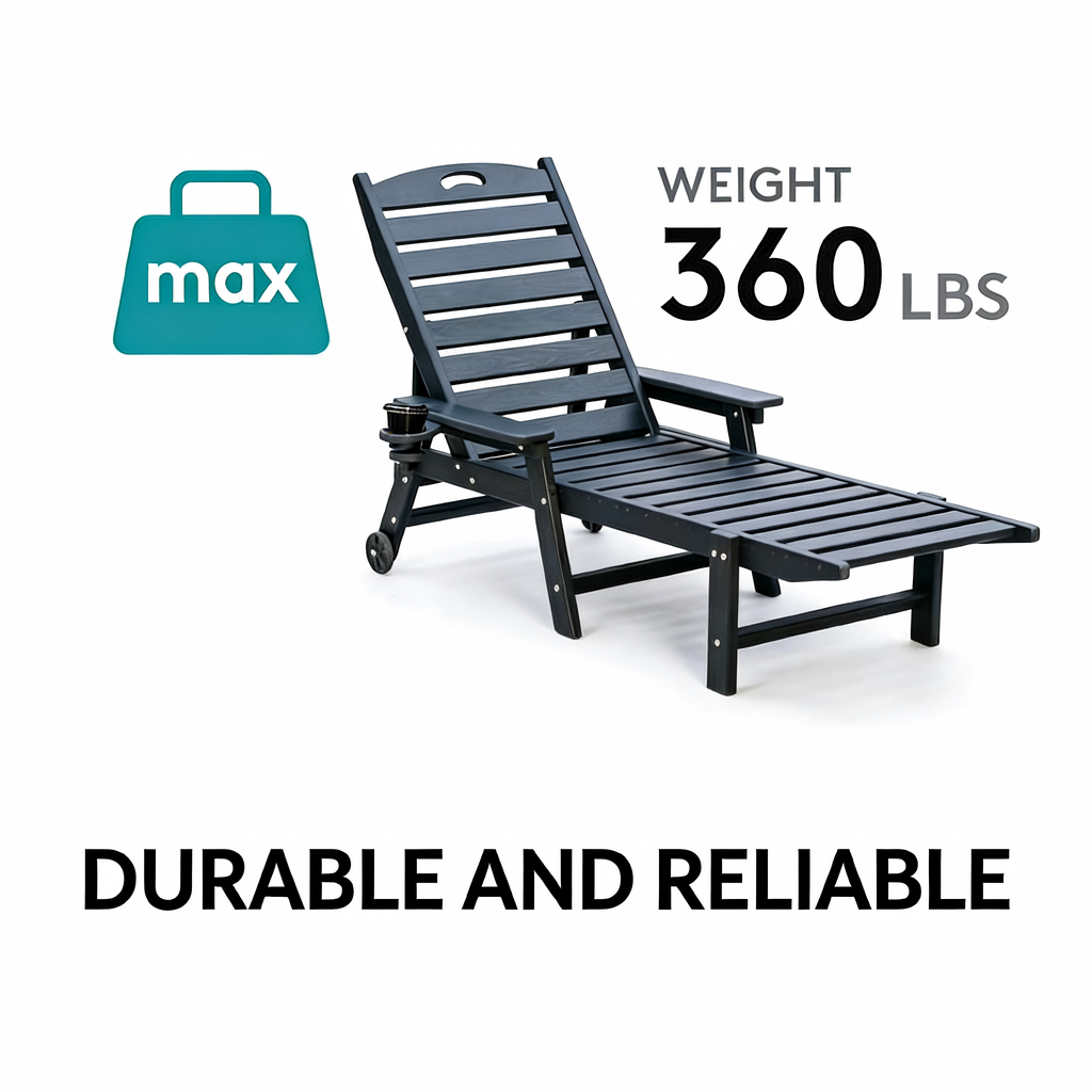 HDPE Chaise Lounge Chair Outdoor, Pool Lounge Chairs with 4-Position Adjustable Backrest, Supports Up to 360 LBS for Patio Poolside Deck Beach Backyard (black)