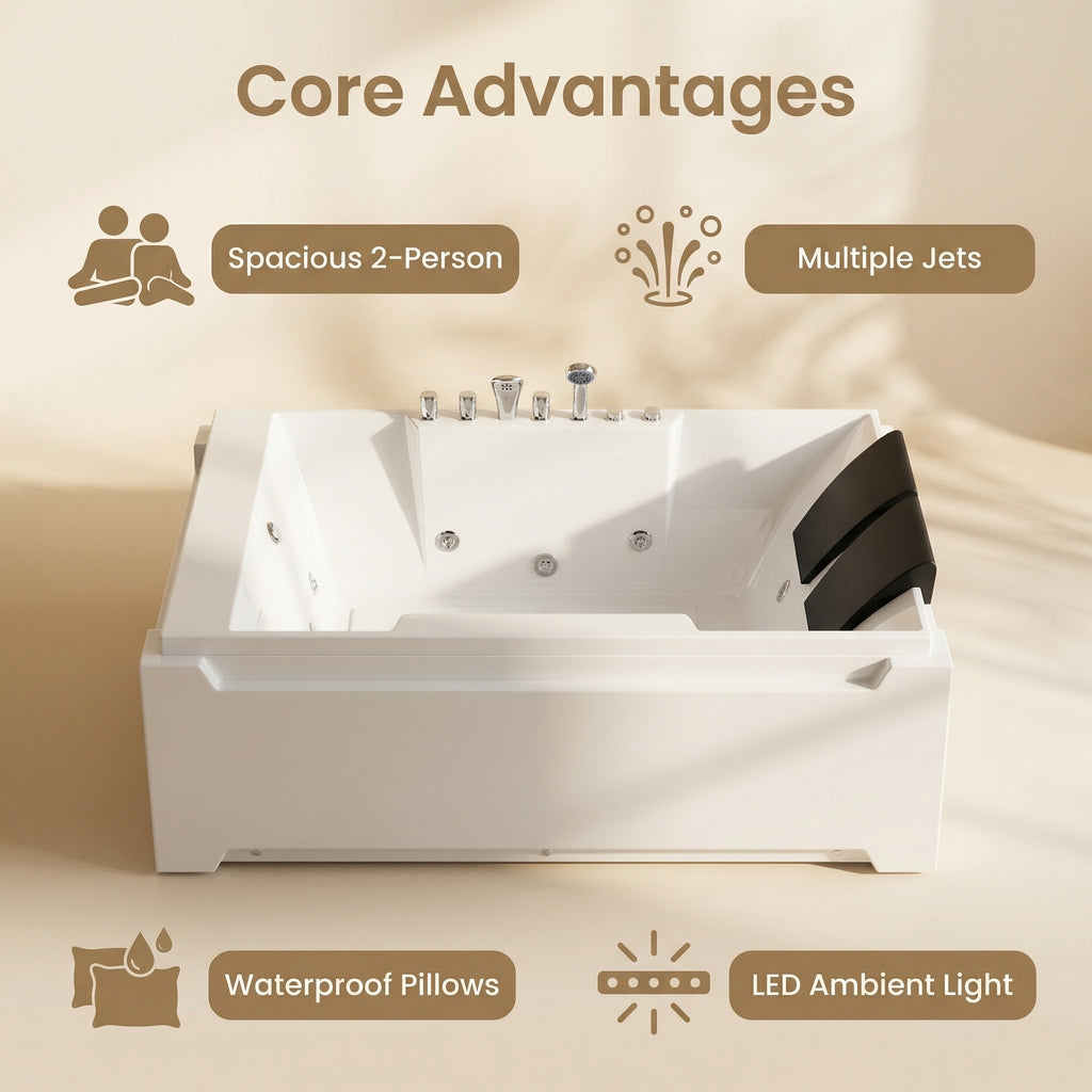 X-031 Whirlpool Tub,73" x 48" Jetted Bathtub for 2 Person, Hydro Massage & Chromatherapy,UL Certified,UPC Certified,3 Sided Apron,Acrylic ,110 Gallons,Left Drain