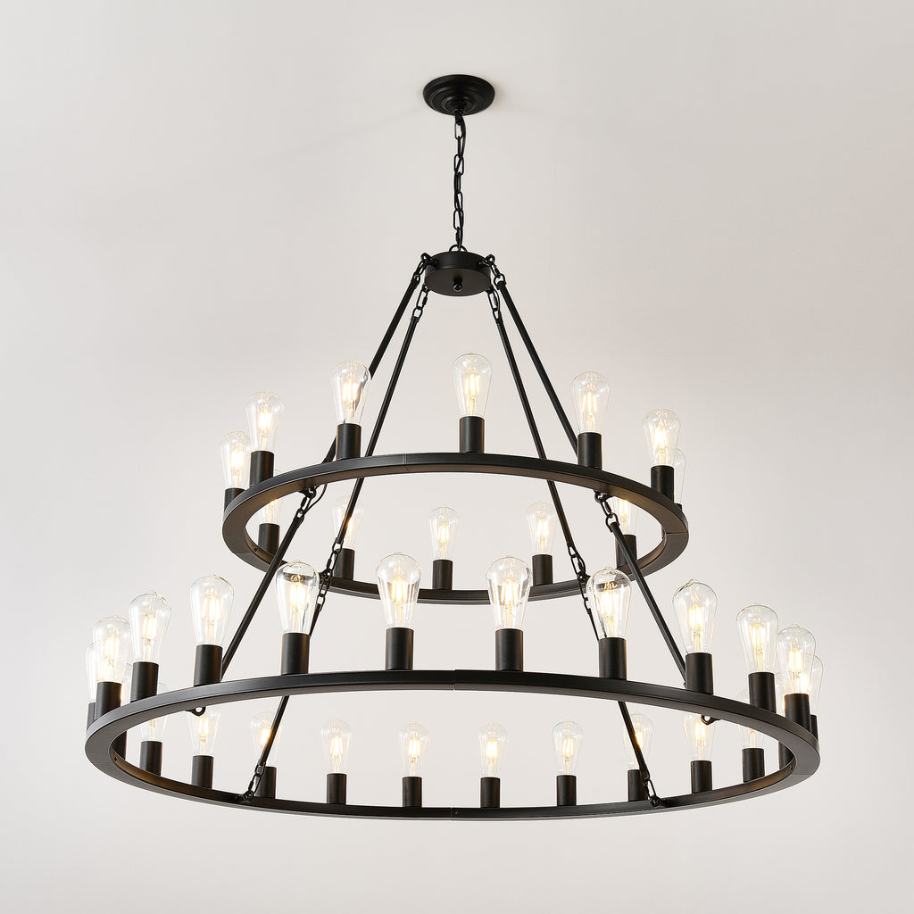 52 Inch Black Extra Large Wagon Wheel Chandelier, 2 Tier 36-Lights (24+12) +(12+24) Farmhouse Industrial Round High Ceiling Pendant Light Adjustable Chain, for Dining Room, Living Room,Kitchen