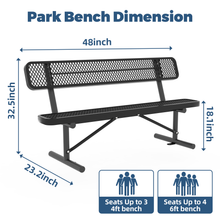 Load image into Gallery viewer, 4FT Heavy-Duty Outdoor Metal Park Bench with Backrest, All-Weather Steel Portable Seating, Rust-Proof Commercial Bench for Garden, Patio, Yard, Deck, Parks &amp; Shopping Malls