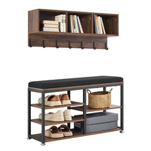Load image into Gallery viewer, Coat Rack with Shoe Bench, 3-in-1 Shoe Coat Rack Combo Set with Hooks and Bookshelf, Steel Frame Hall Tree Entrance Storage Organizer Holder for Entry, Bedroom, Closet, Office, Rustic Brown