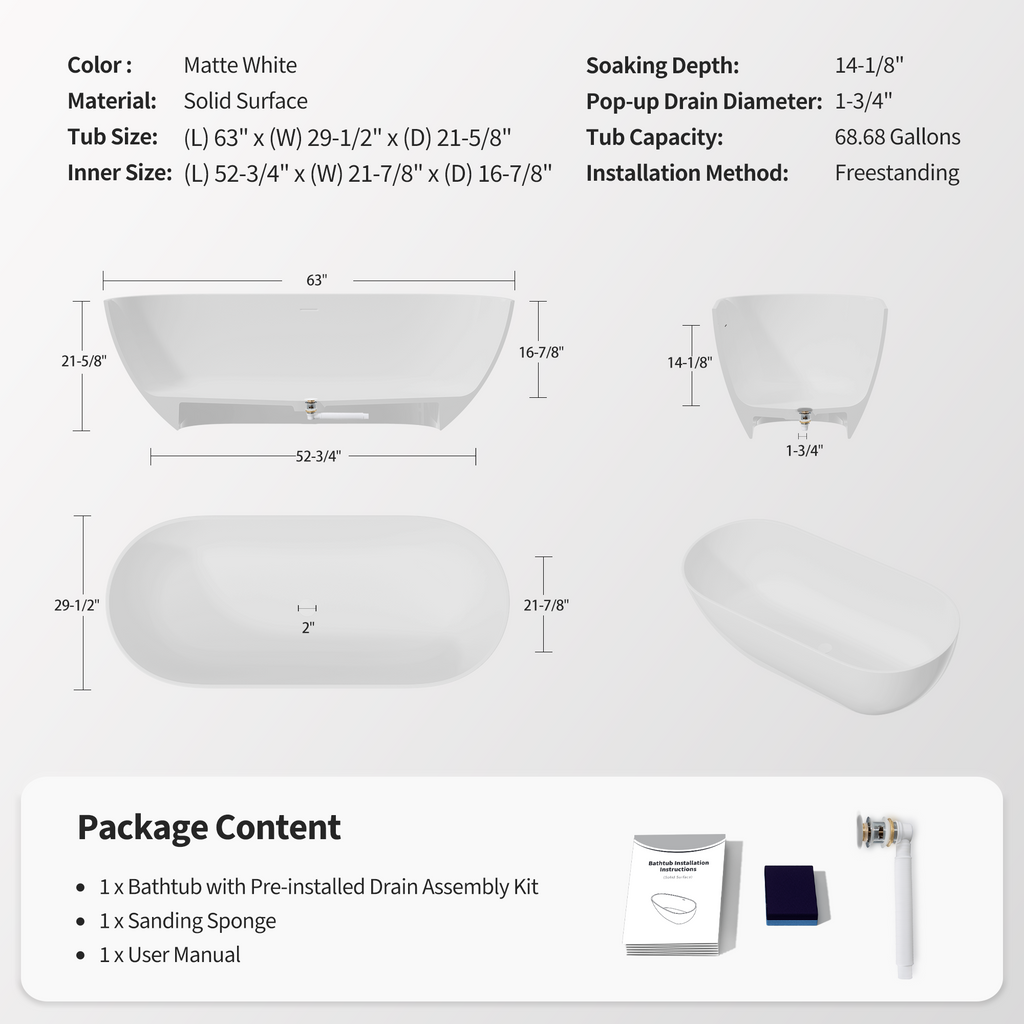 63'' Stone Resin Freestanding Bathtub, Solid Surface Luxury Soaking Tub with Integrated Slotted Overflow & Pop-up Drain, Stand Alone Elegant Bathroom Soaker Tub in Matte White, TH-25S03-63MW