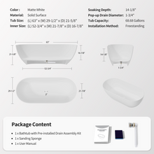 Load image into Gallery viewer, 63'' Stone Resin Freestanding Bathtub, Solid Surface Luxury Soaking Tub with Integrated Slotted Overflow &amp; Pop-up Drain, Stand Alone Elegant Bathroom Soaker Tub in Matte White, TH-25S03-63MW
