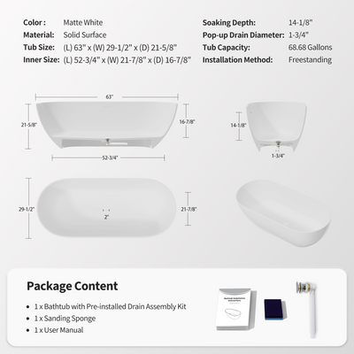 63'' Stone Resin Freestanding Bathtub, Solid Surface Luxury Soaking Tub with Integrated Slotted Overflow & Pop-up Drain, Stand Alone Elegant Bathroom Soaker Tub in Matte White, TH-25S03-63MW