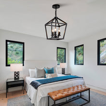 Load image into Gallery viewer, Farmhouse Lantern Chandelier 3-Light, Industrial Black Ceiling Light Fixture with Rustic Open Cage and Adjustable Hanging Height, E12 Base for Kitchen Island, Dining Room, Entryway, Foyer