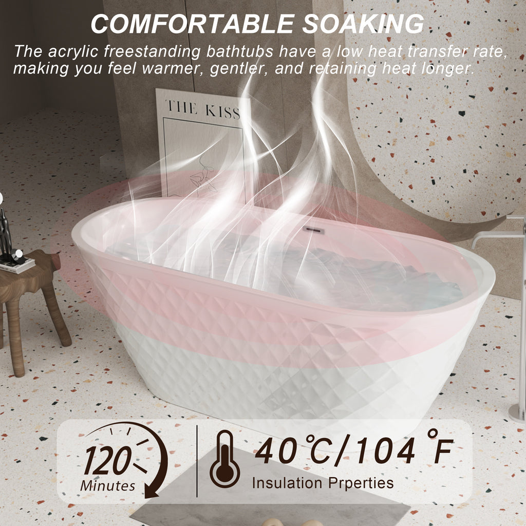59'' acrylic freestanding bathtub with unique diamond pattern design: spacious oval shape,  Gloss white finish, Chrome overflow and pop-up drain CUPC Certificate