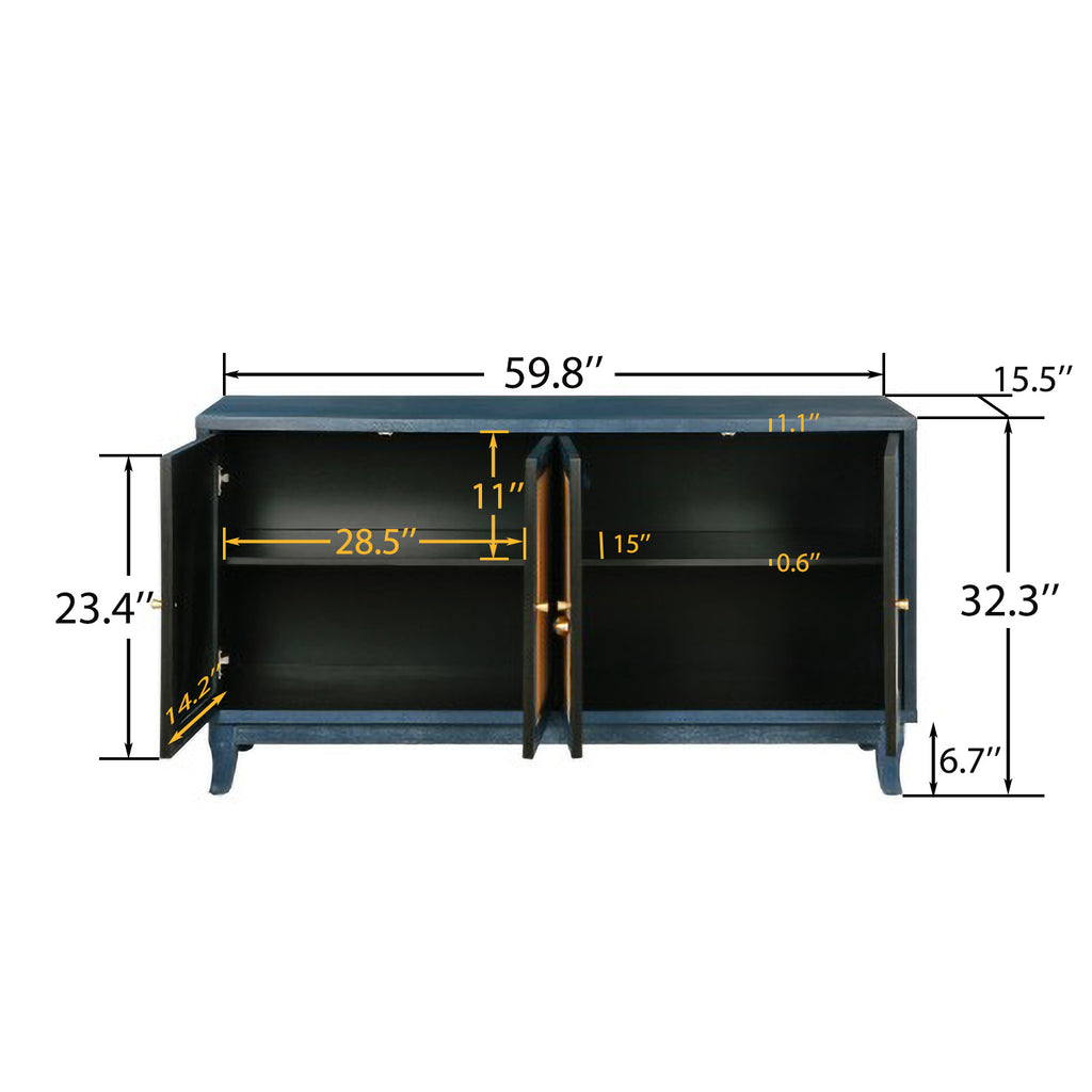 Handcrafted Premium Grain Panels,Rattan Sideboard Buffer Cabinet,Accent Storage Cabinet With 4 Rattan Doors, Modern Storage Cupboard Console Table with Adjustable Shelves for Living Room ,BLUE