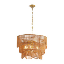 Load image into Gallery viewer, Handwoven Paper Rattan Boho Chandelier with 7-Light E26 Base, 60cm Adjustable Height Wave Pendant Light for Living Room, Sloped Ceiling Compatible, Sturdy Metal Hardware, Warm Glow for Dining Room