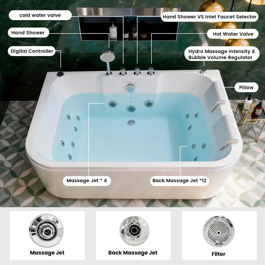KORRA 61 Inch Acrylic Whirlpool Massage Bathtub for 2 Person 16 Water Jets LED Lights Heater for Jacuzzi Spa Massage