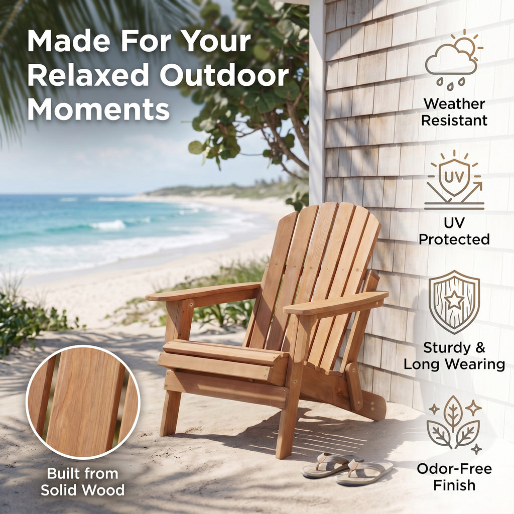 Oversize Wooden Outdoor Folding Adirondack Chair with Pre-Assembled BackRest & SeatBoard, Wood Patio Chair for Garden Backyard Porch Pool Deck Firepit