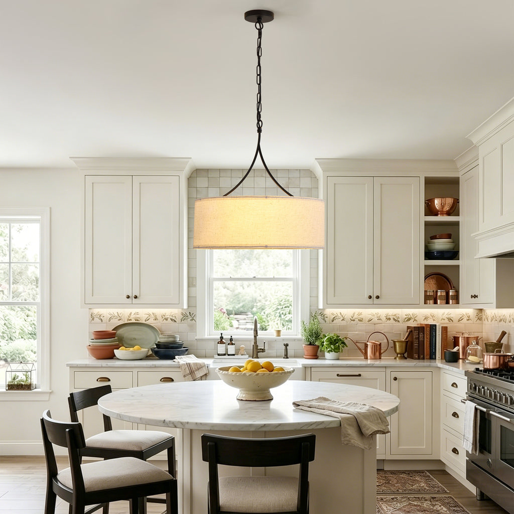 Modern 3-Light Fabric Pendant Light, Black Adjustable Drum Chandelier, Matte Black Fabric Shade Ceiling Light Fixture for Dining Room Living Room Bedroom