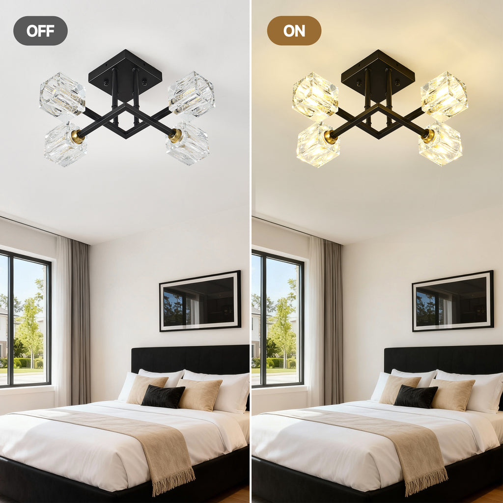 Modern Luxurious Crystal Ceiling Light, 4 Lights (BO INCLUDED Bulb) Modern Crystal Ceiling Light for Dining Room, Pendant Lamp Ceiling Lighting for Living Bedroom Hall Balcony --Matte Black