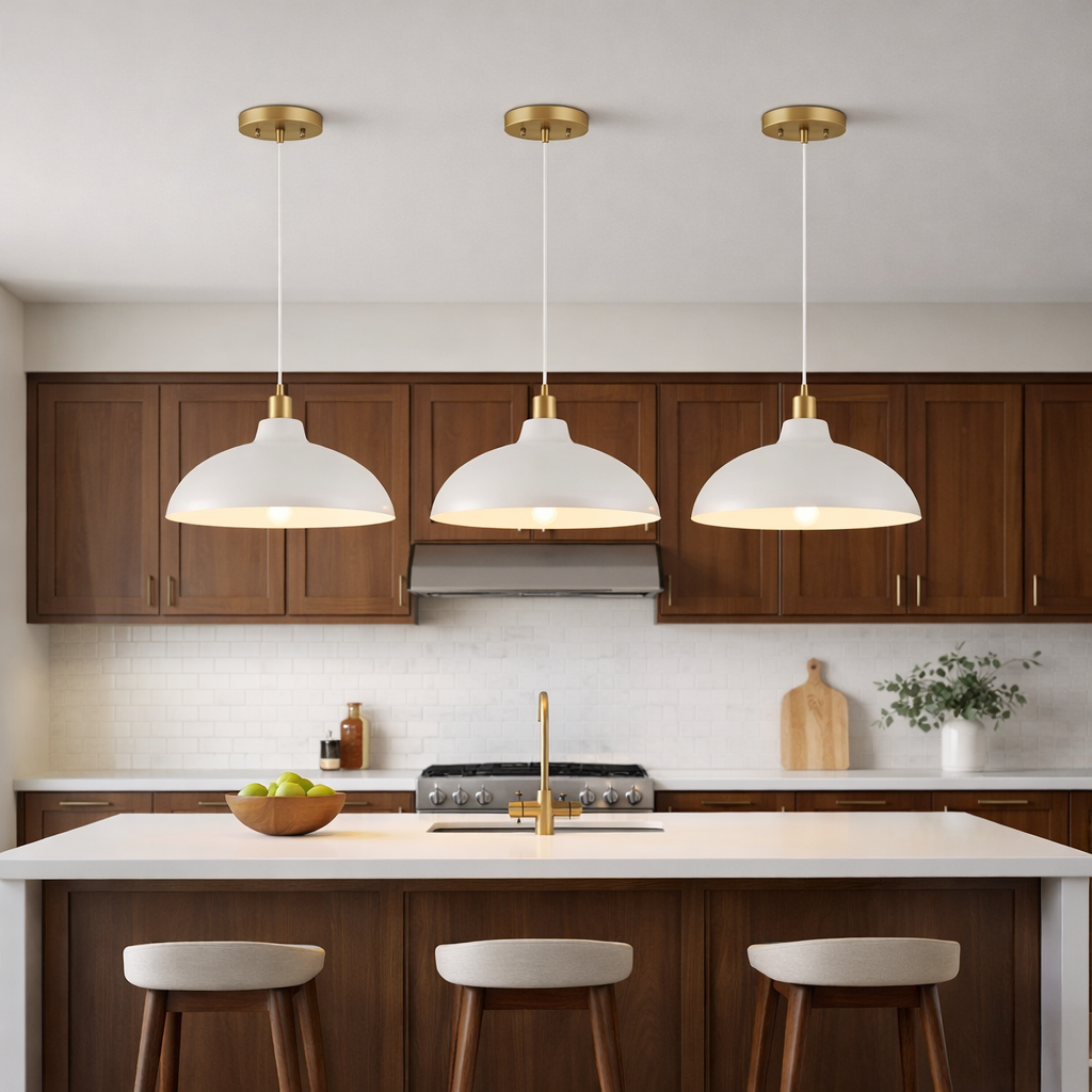 Astral Single Light White Pendant Lamp with Golder Brass Finish for Entrance Kitchen Island 14"D × 8"H