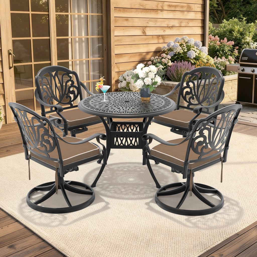 Ø35.43-inch Cast Aluminum Patio Dining Table With Black Frame and Umbrella Hole (same sku: W171084475,W1710P497717)