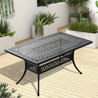 L58.27*W34.65-inch Cast Aluminum Patio Dining Table With Black Frame and Umbrella Hole (same sku: W171084481)
