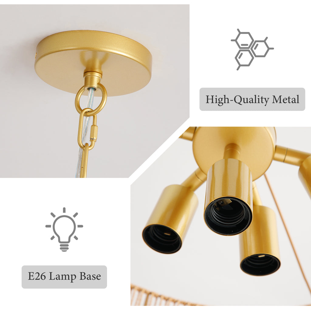 Handwoven Paper Rattan Boho Chandelier with 7-Light E26 Base, 60cm Adjustable Height Wave Pendant Light for Living Room, Sloped Ceiling Compatible, Sturdy Metal Hardware, Warm Glow for Dining Room