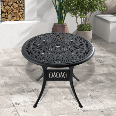 Ø35.43-inch Cast Aluminum Patio Dining Table With Black Frame and Umbrella Hole (same sku: W171084475,W1710P497717)