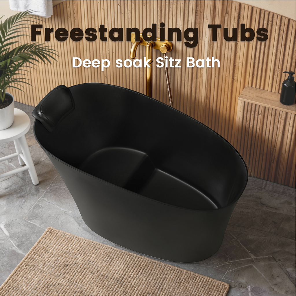 51" Solid Surface Oval Freestanding Black Bathtub with Overflow and Drain Assembly, with Integral Seat and headrest, LTL