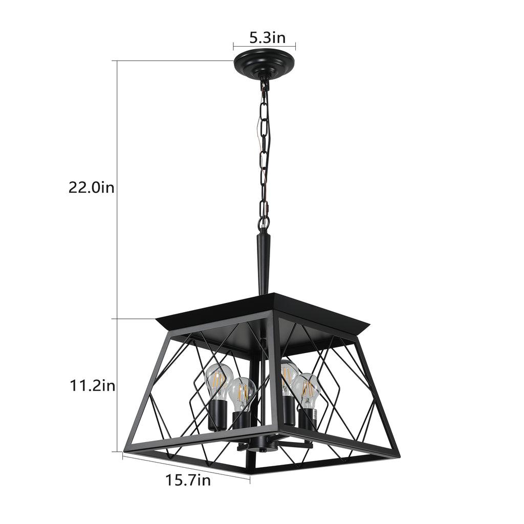 16" Black Industrial 4-Light Pendant Chandelier, Modern Metal Cage Design, Adjustable Hanging Light for Dining Room, Kitchen, Living Room (No Bulbs)