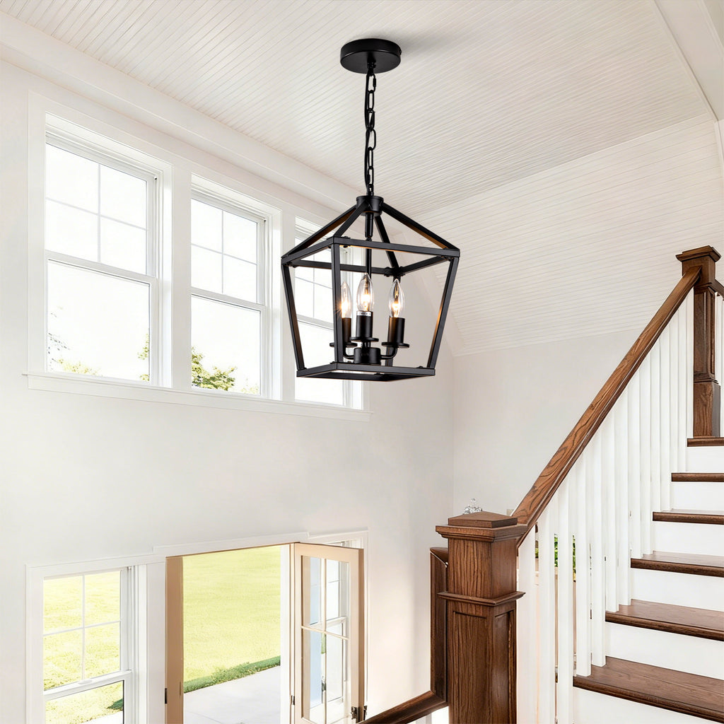 Farmhouse Lantern Chandelier 3-Light, Industrial Black Ceiling Light Fixture with Rustic Open Cage and Adjustable Hanging Height, E12 Base for Kitchen Island, Dining Room, Entryway, Foyer
