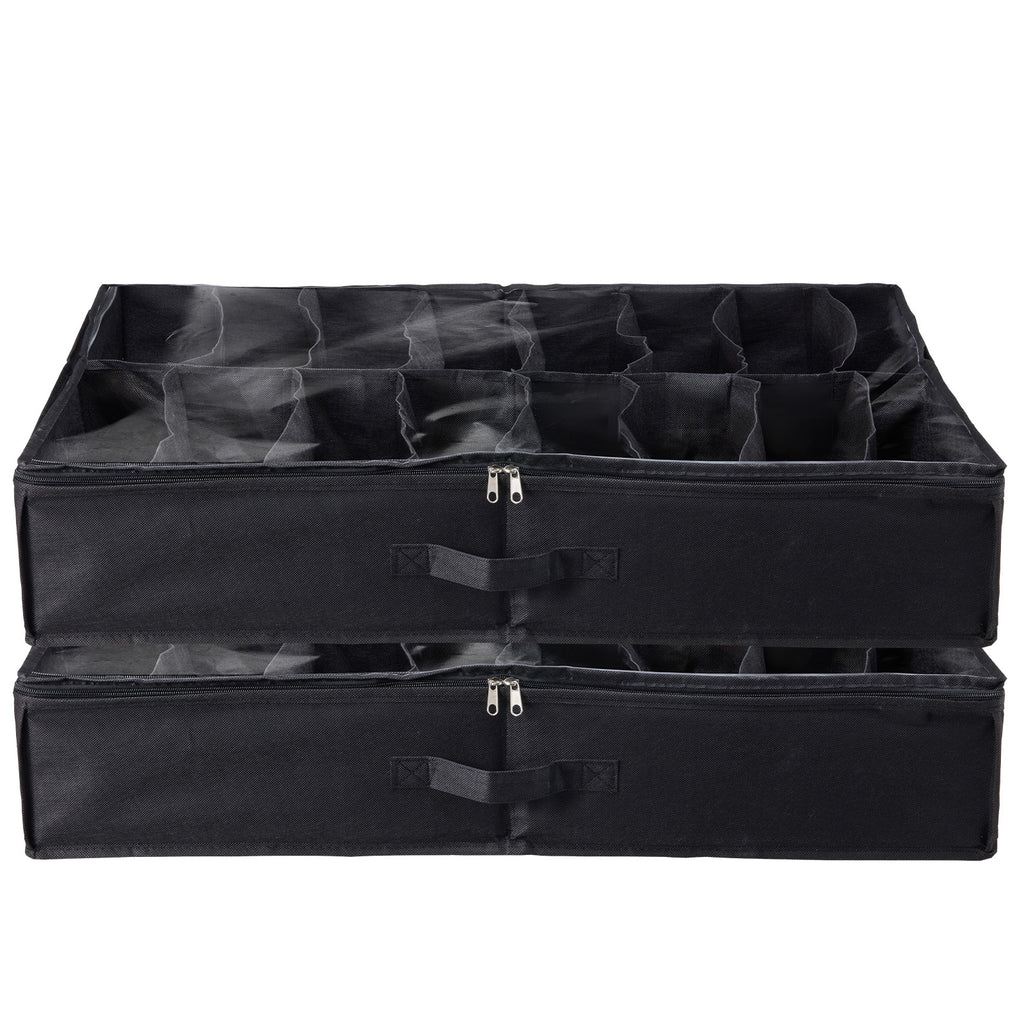 Sturdy Under Bed Shoe Storage Organizer, Set of 2, 32 Compartments, Underbed Shoes Closet Storage Solution with Clear Window, Breathable, L31.5"x W23.6"x H5.9", Black