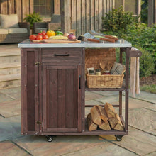 Load image into Gallery viewer, Outdoor Kitchen Island Fir Wood Prep Station Lockable Kitchen Cart with Stainless Top, Ample Storage Space, Towel and Spice Racks for Patio and Outdoor, White