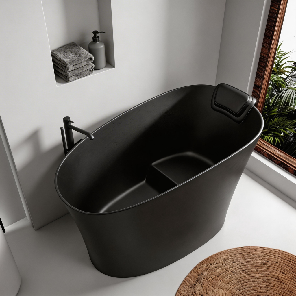 51" Solid Surface Oval Freestanding Black Bathtub with Overflow and Drain Assembly, with Integral Seat and headrest, LTL