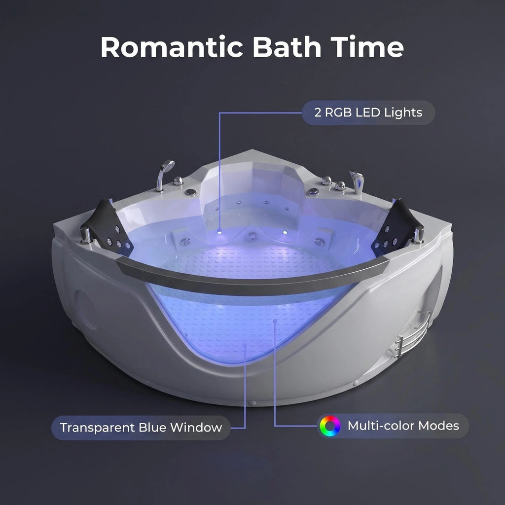 59" light luxury double corner whirlpool bathtub, 20 sets of multi-directional massage nozzles, chromotherapy healing atmosphere, brand-level certified accessories