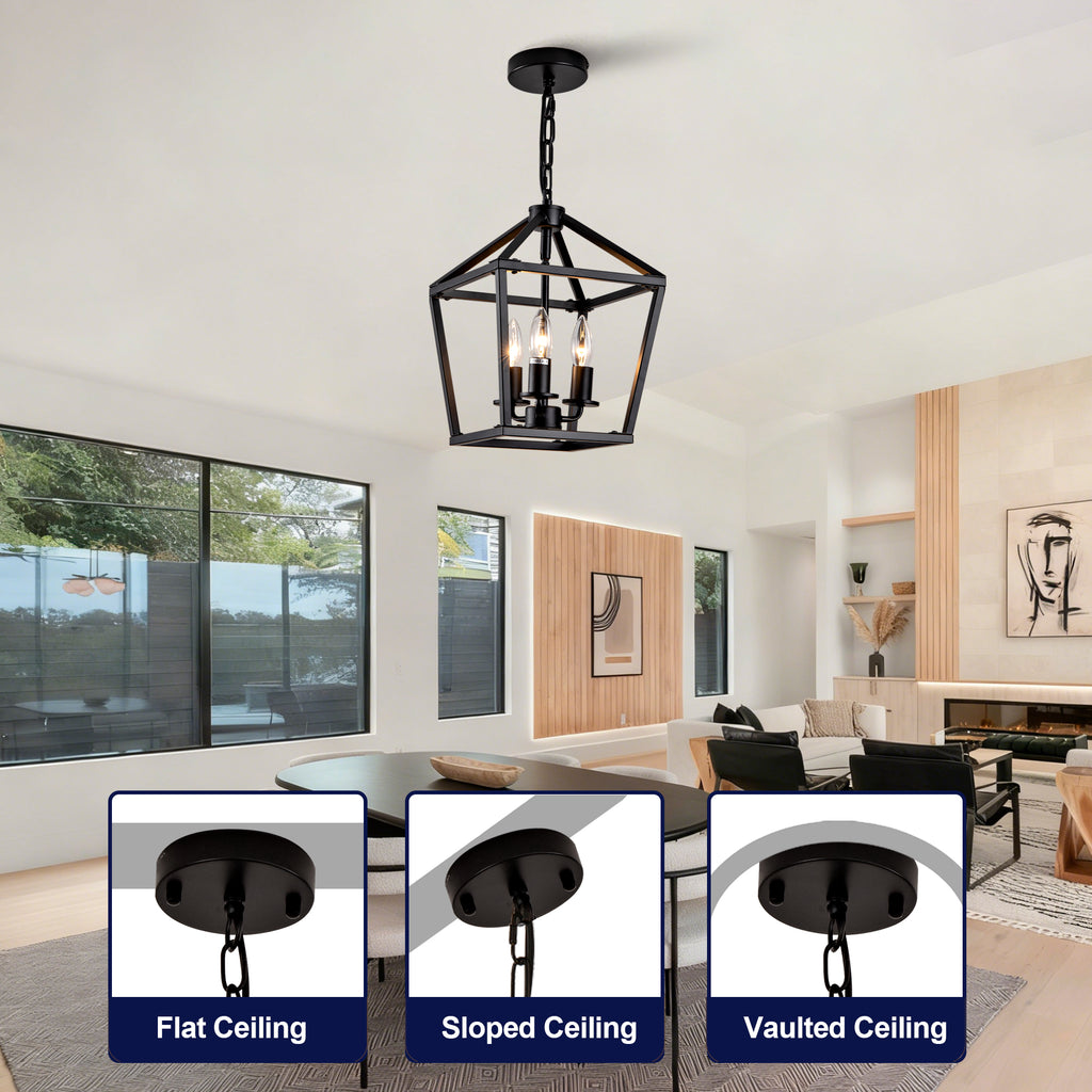 Farmhouse Lantern Chandelier 3-Light, Industrial Black Ceiling Light Fixture with Rustic Open Cage and Adjustable Hanging Height, E12 Base for Kitchen Island, Dining Room, Entryway, Foyer