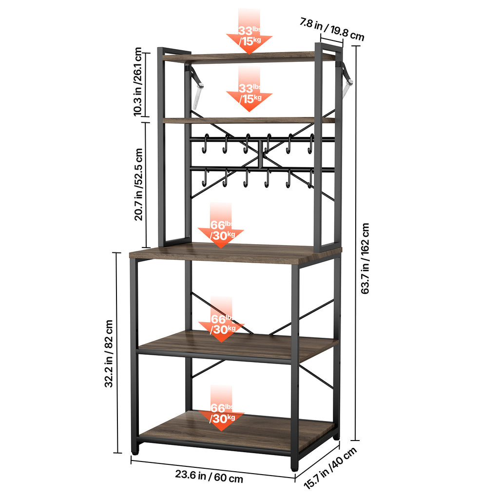 Kitchen Bakers Rack, 23.6 inch Width Bakers Rack, Kitchen Stand with X-Shaped Support Bar, 12 S-Shaped Hooks, Double-Layer Top Shelf, Coffee Bar Stand for Dishes & Bowls, Spice Bottles
