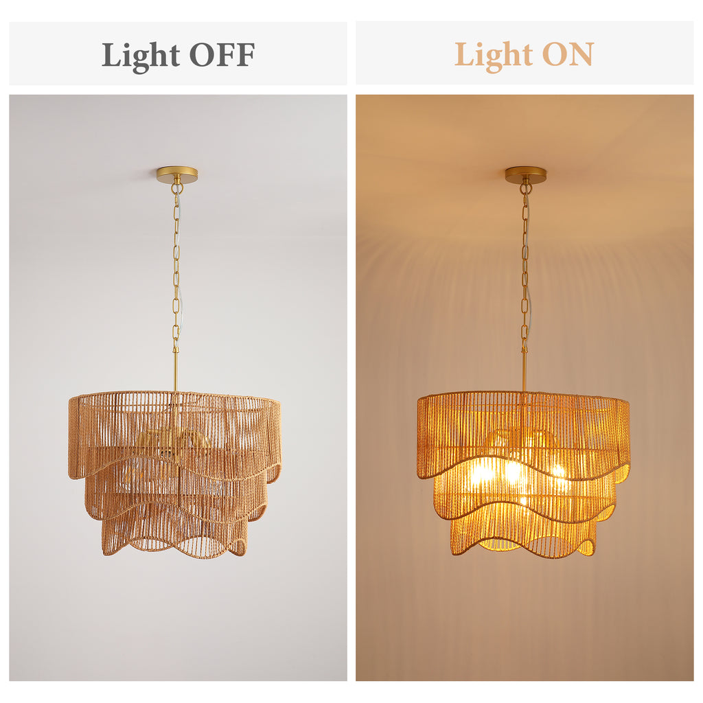 Handwoven Paper Rattan Boho Chandelier with 7-Light E26 Base, 60cm Adjustable Height Wave Pendant Light for Living Room, Sloped Ceiling Compatible, Sturdy Metal Hardware, Warm Glow for Dining Room